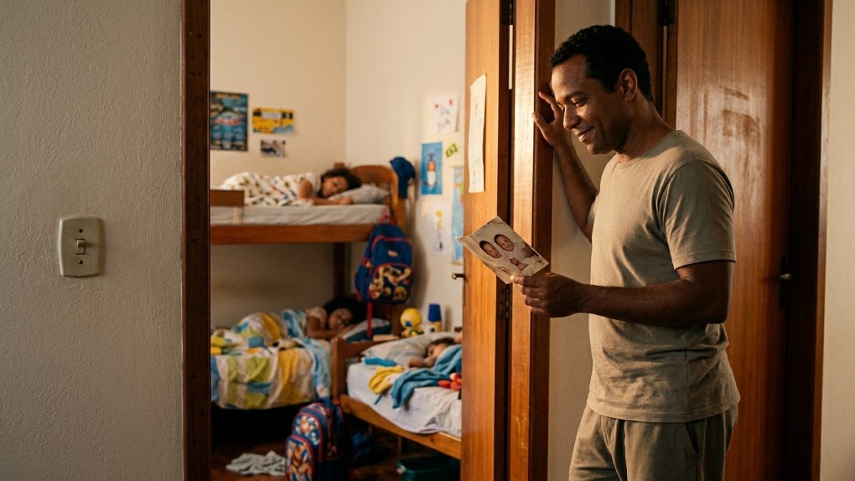 Pai na porta do quarto dos filhos que dormem, com um sorriso melancólico, segurando uma foto antiga deles ainda bebês