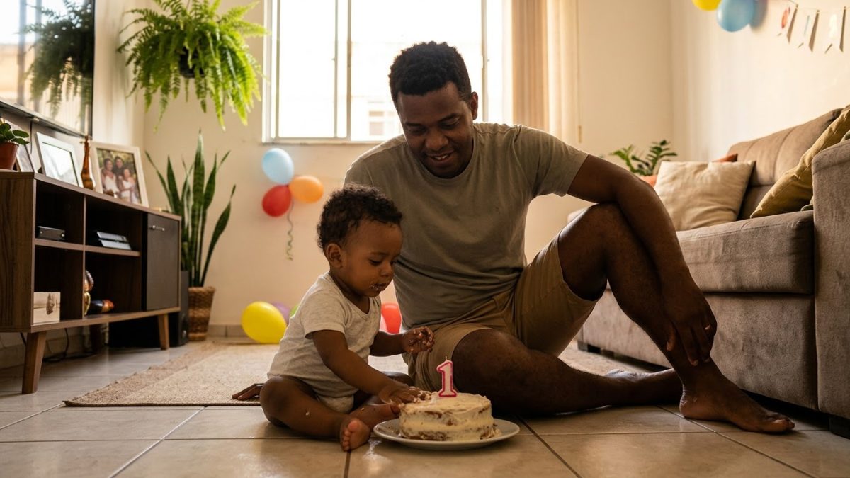 Pai sentado no chão da sala ao lado do filho de 1 ano, que mexe num bolo de aniversário com uma velinha de número um