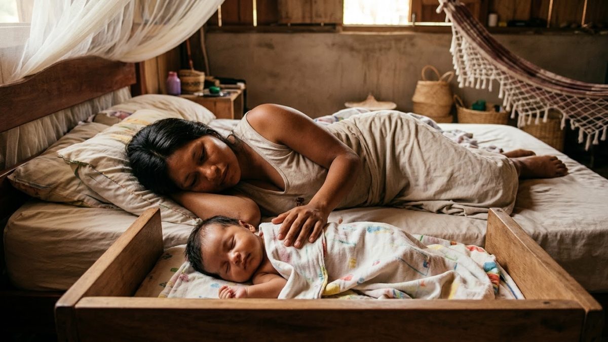 Berço acoplado encostado na cama dos pais, com o bebê dormindo nele e a mãe deitada com a mão encostada no bebê, no quarto à meia-luz