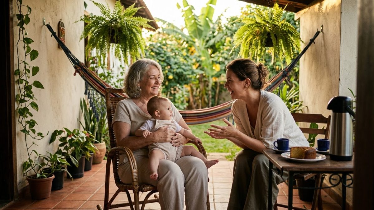 Avó com a neta bebê no colo na varanda, e a mãe ao lado conversando com ela, as duas sorrindo