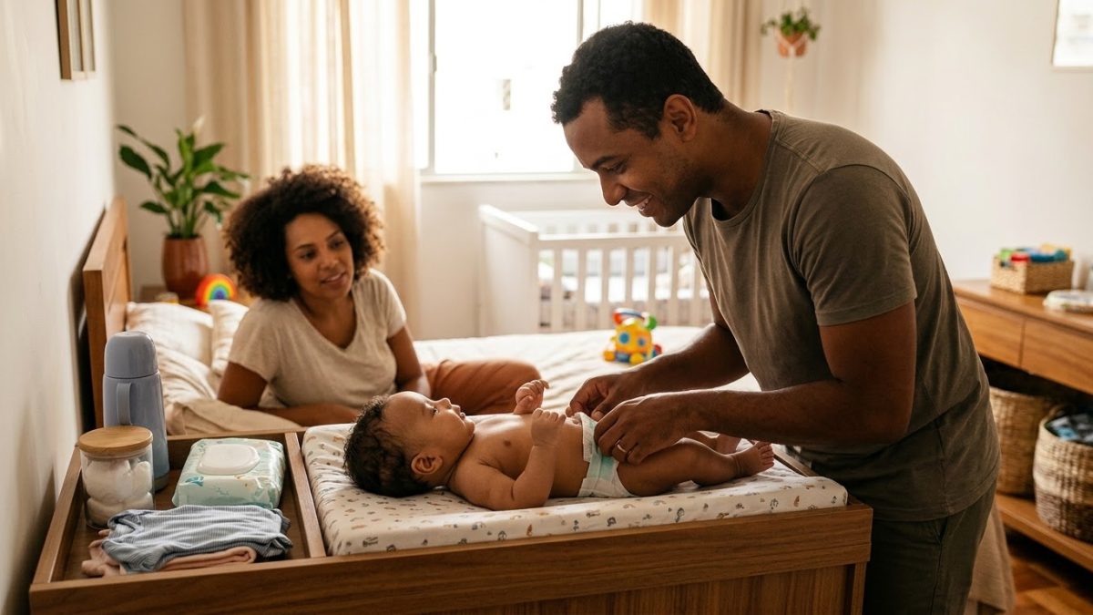 Pai trocando a fralda do bebê com cuidado e carinho no trocador, sorrindo