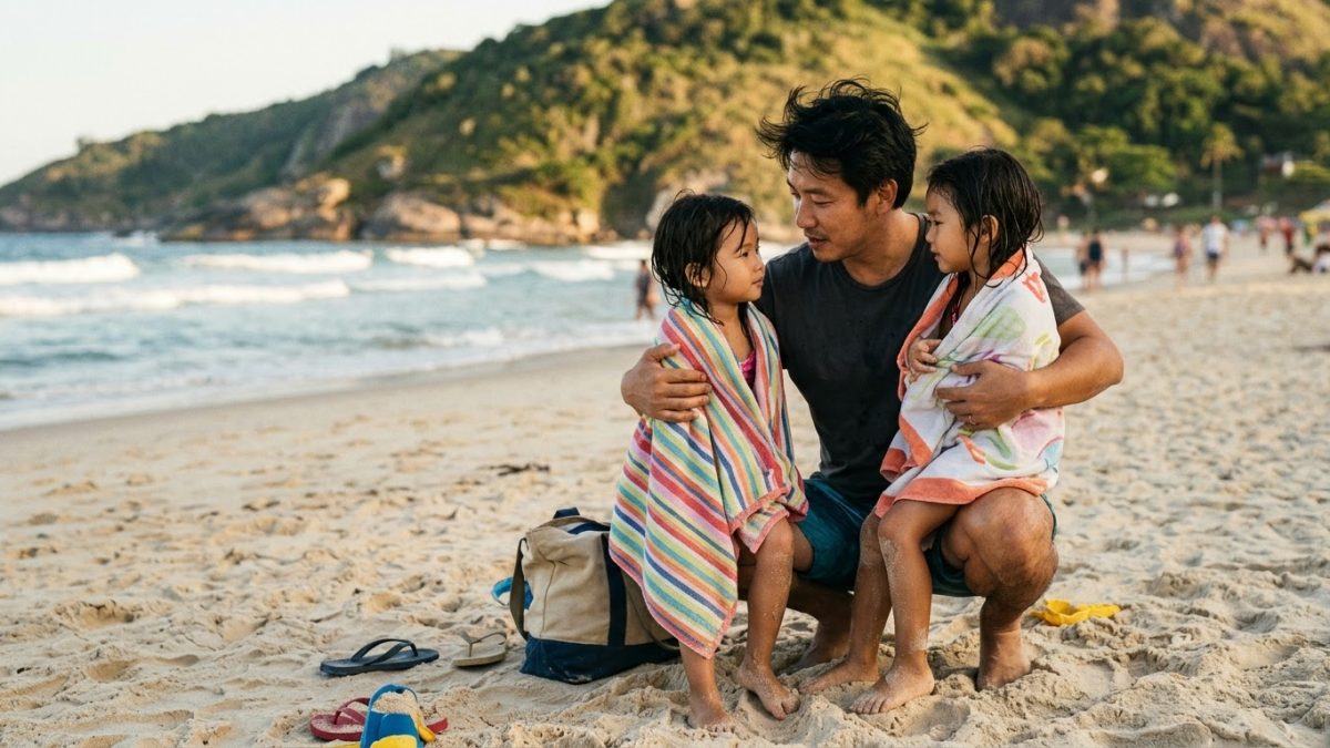 Na praia, um pai agachado abraça as duas filhas pequenas enroladas em toalhas e conversa com elas com calma
