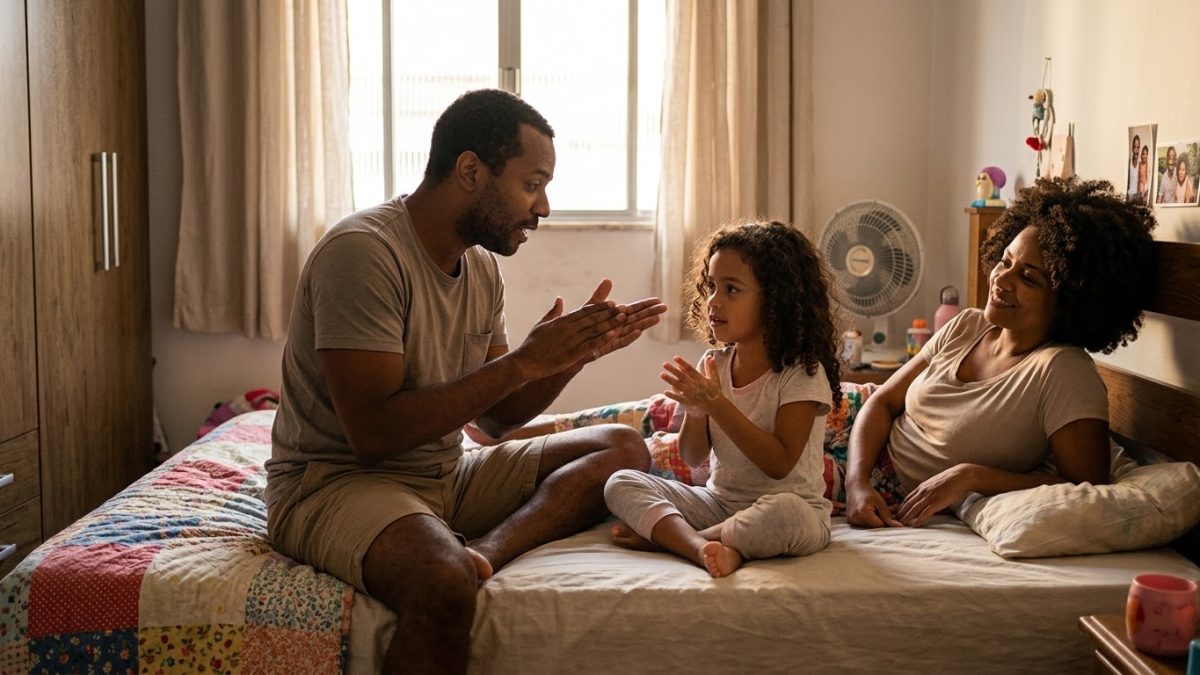 Pai sentado na cama com a filha de 6 anos, conversando com calma e mostrando como lavar bem as mãos